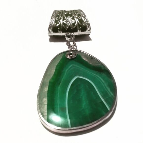 Vintage Malachite Slab and Enamel Large Slide Pendant or Scarf Slide - Picture 5 of 5